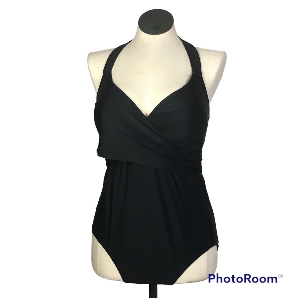 Time And Tru Womens One Piece Halter Neck Bathing Suit Swimsuit Size XL Black